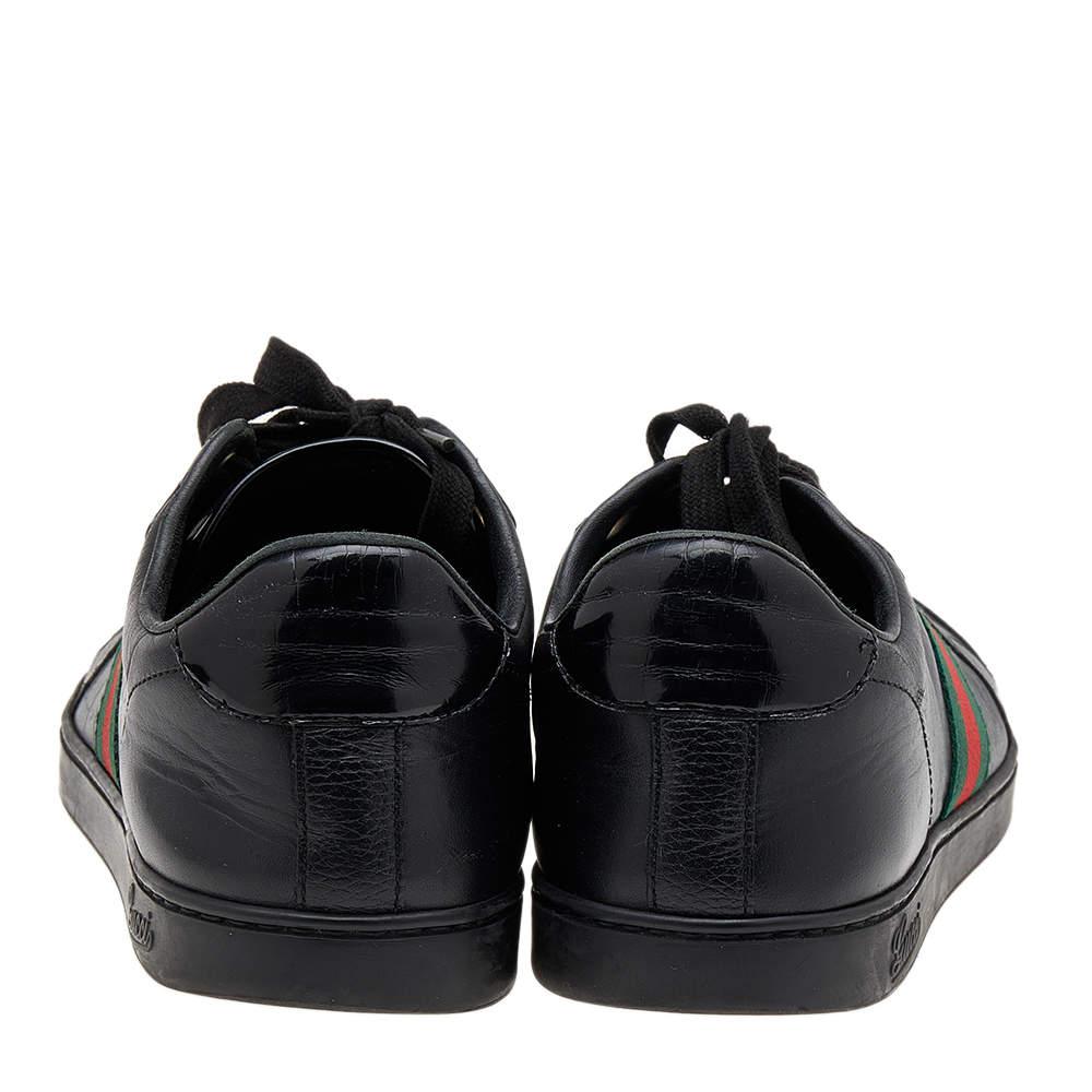 Men's Gucci Black Leather Web Low Top Sneakers Size 42 For Sale