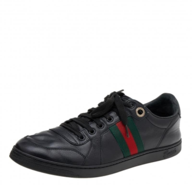 Gucci Black Leather Web Low Top Sneakers Size 42 For Sale 1