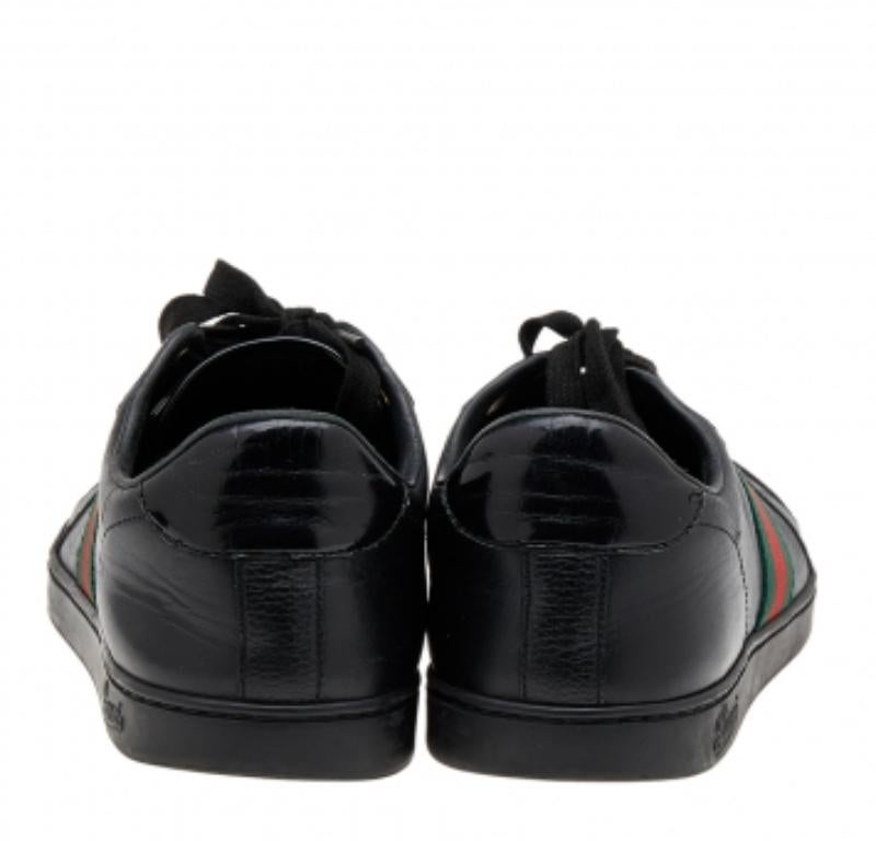 Gucci Black Leather Web Low Top Sneakers Size 42 For Sale 2