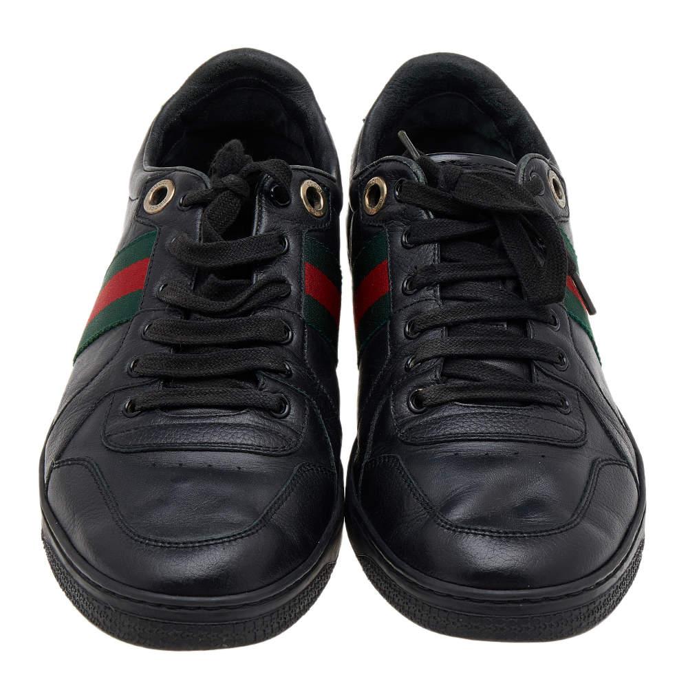 Gucci Black Leather Web Low Top Sneakers Size 42 For Sale 2
