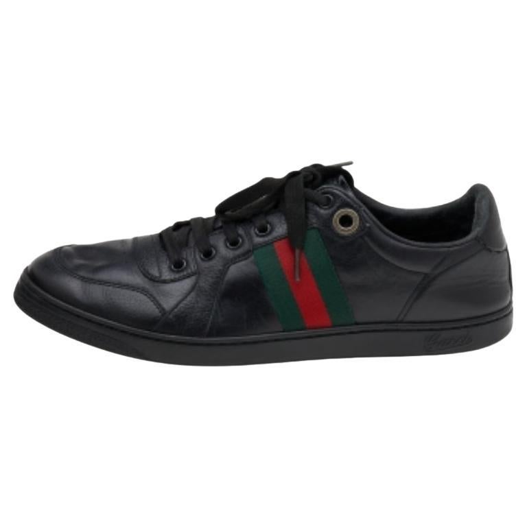 Gucci Black Leather Web Low Top Sneakers Size 42 For Sale