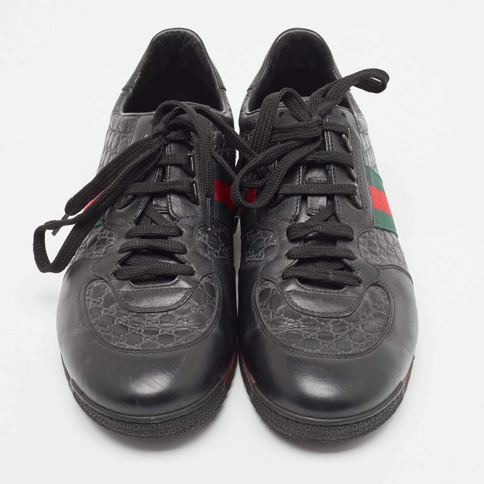 Men's Gucci Black Leather Web Low Top Sneakers Size 44 For Sale