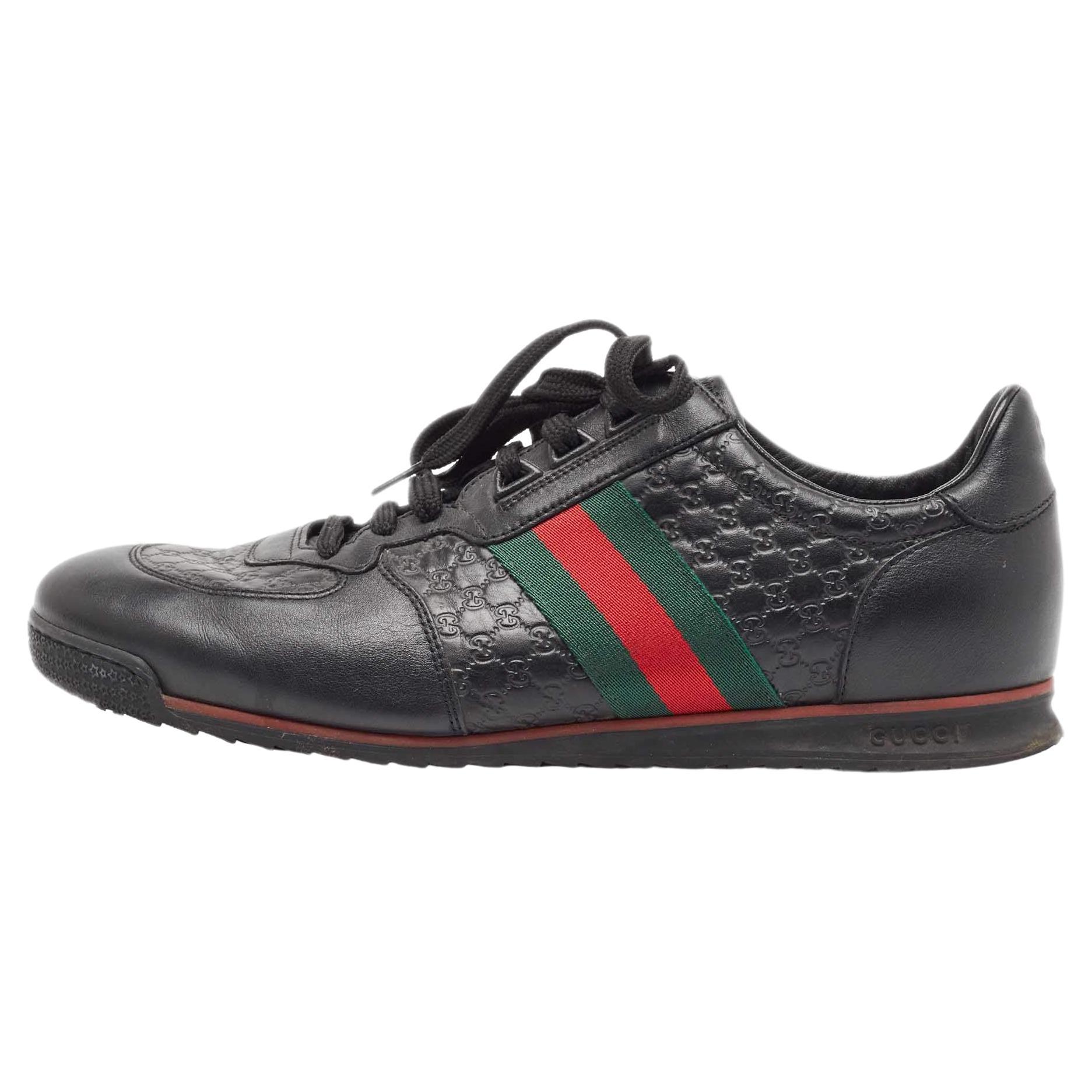 Gucci Black Leather Web Low Top Sneakers Size 44 For Sale