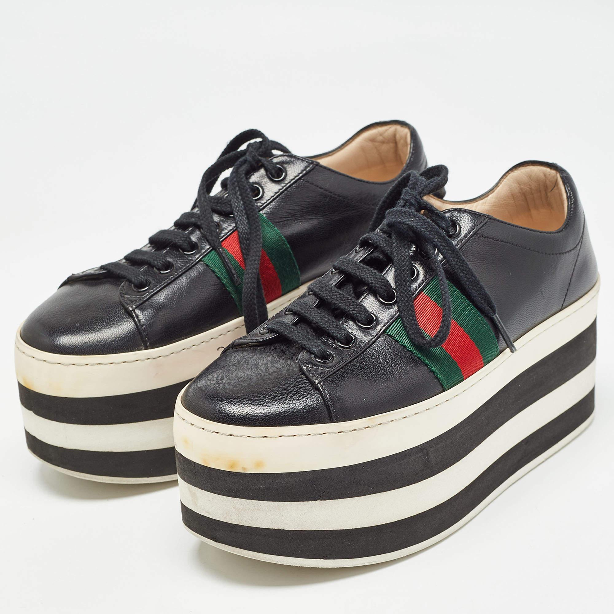 Add a statement appeal to your outfit with these Gucci Peggy sneakers. Made from premium materials they feature lace up vamps and exaggerated platforms.