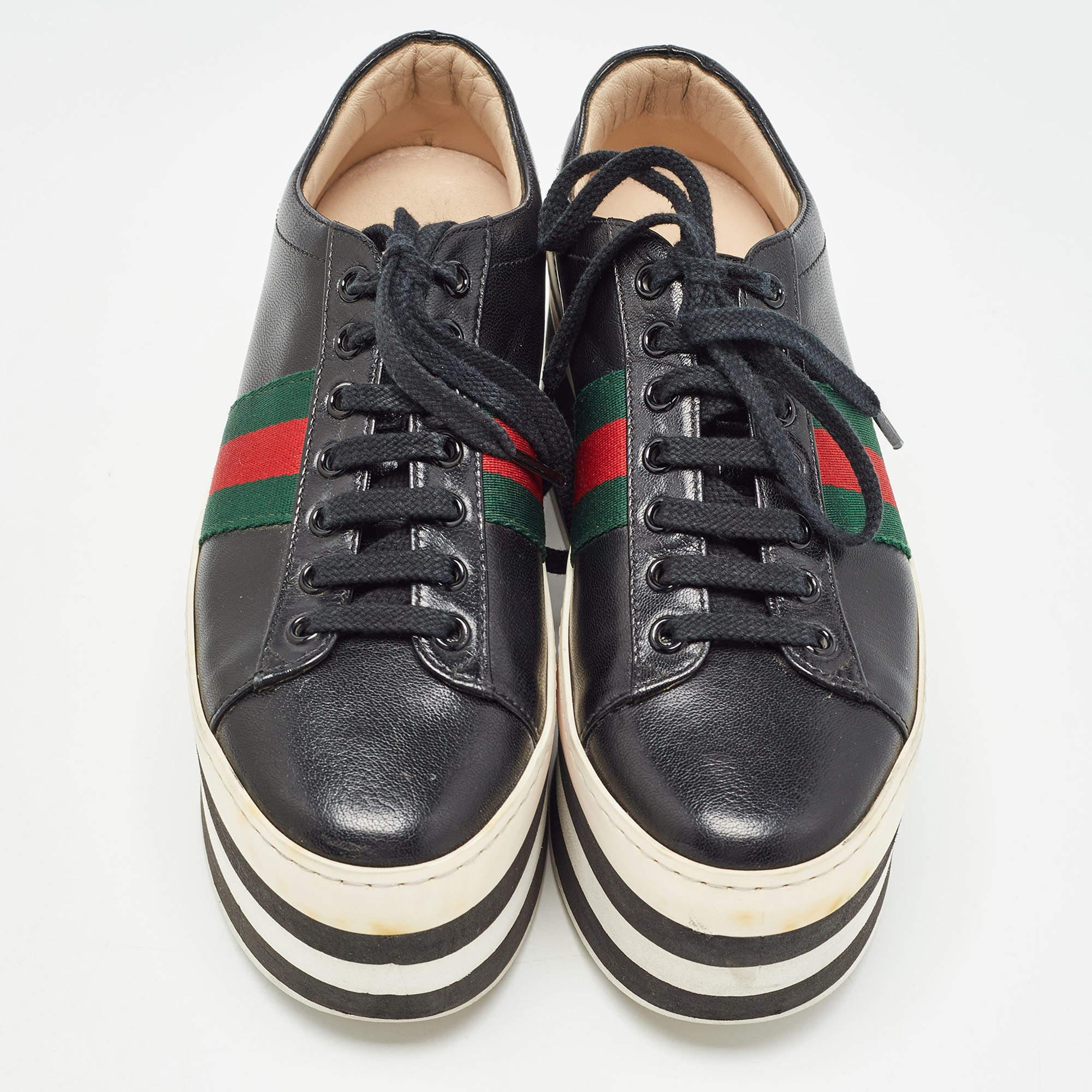 Gucci Black Leather Web Peggy Platform Sneakers Size 36 In Good Condition In Dubai, Al Qouz 2