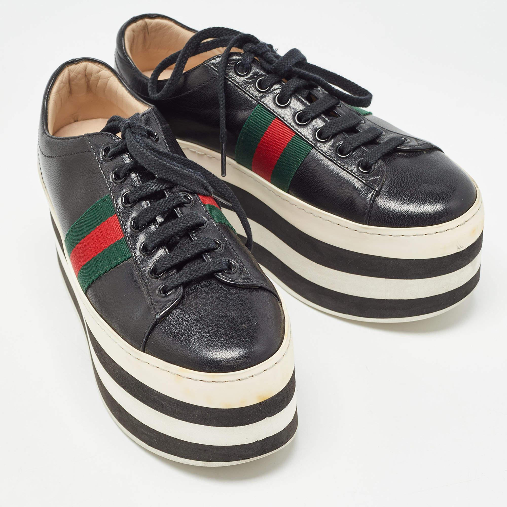 Women's Gucci Black Leather Web Peggy Platform Sneakers Size 36