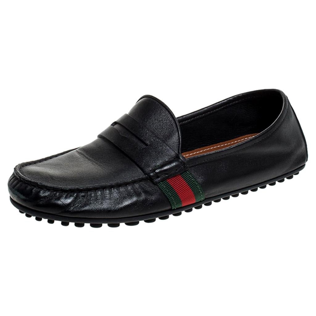 Gucci Black Leather Web Penny Loafers Size 40.5