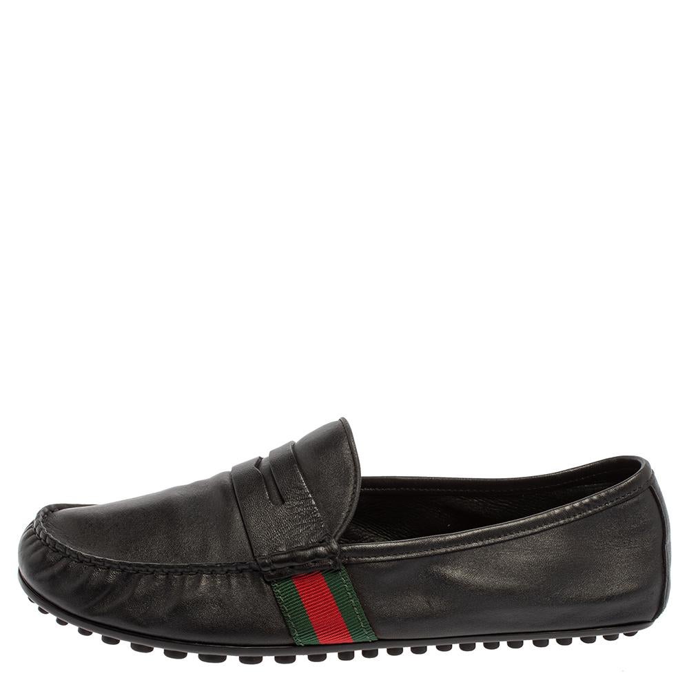 Gucci Black Leather Web Penny Loafers Size 41.5 1