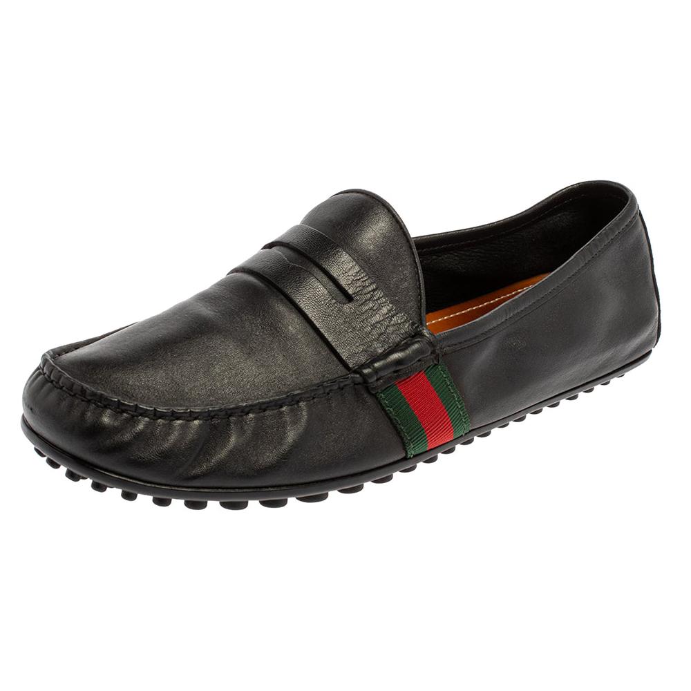 Gucci Black Leather Web Penny Loafers Size 41.5