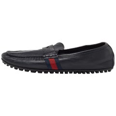 Gucci Black Leather Web Penny Slip On Loafers Size 43