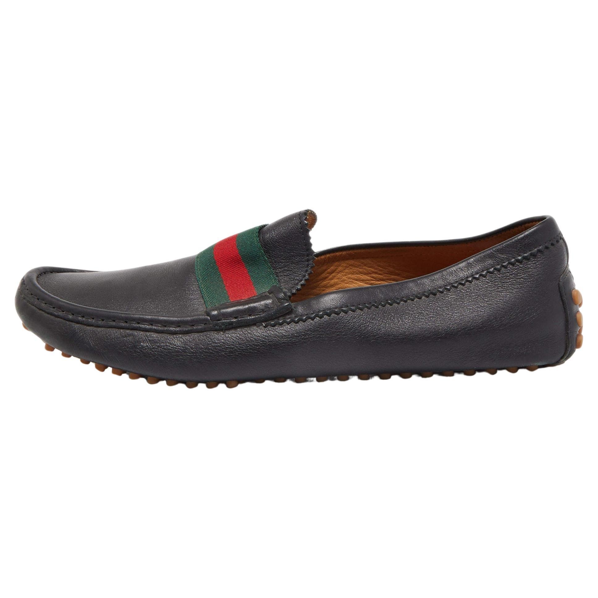 Gucci Black Leather Web Slip On Loafers Size 45 For Sale