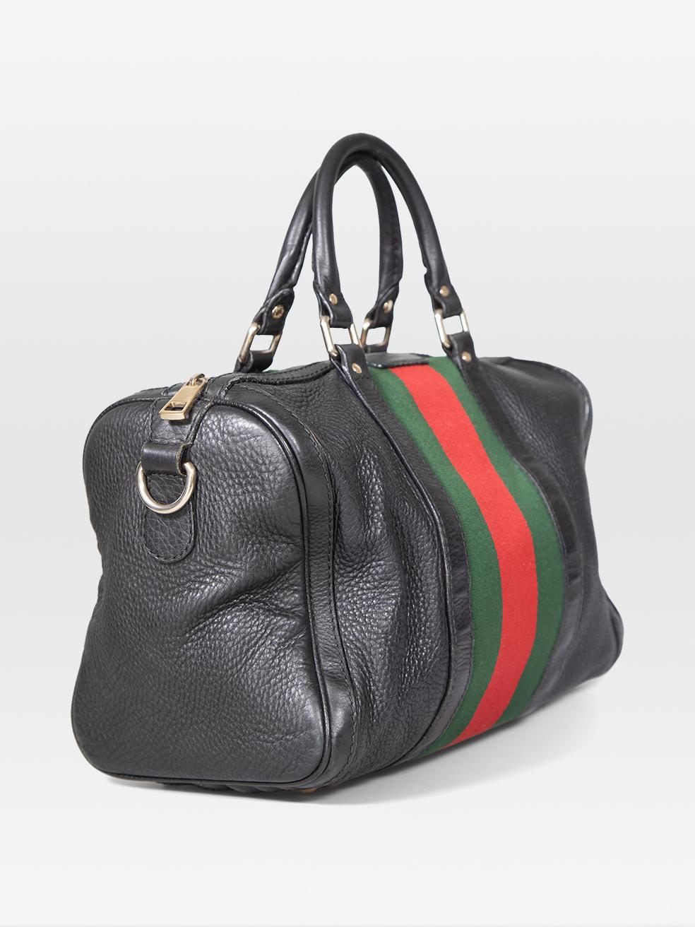 Gucci Black Leather Web Stripe Boston Bag In Good Condition For Sale In London, GB
