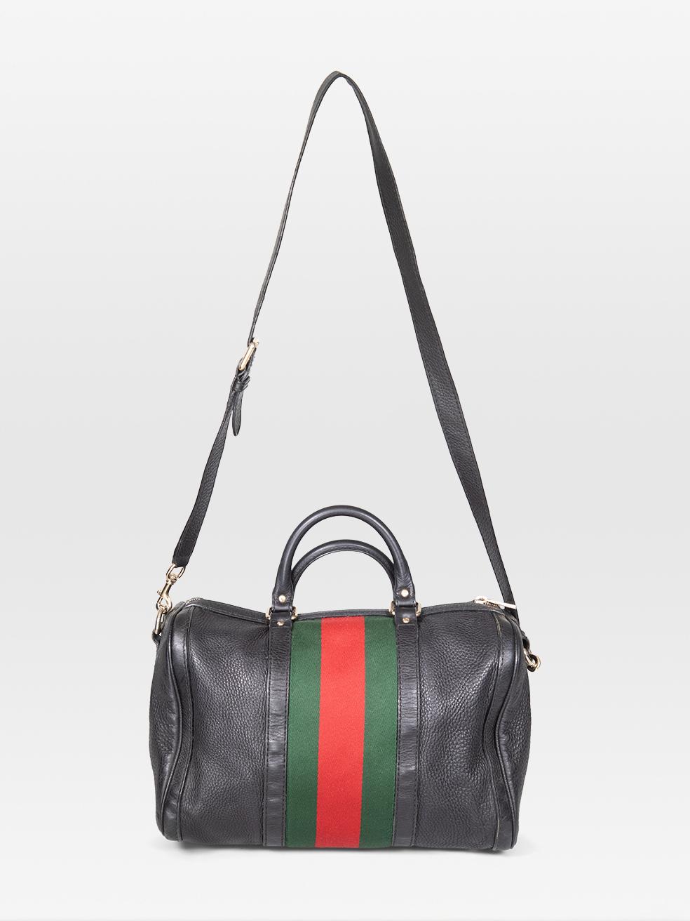 Women's Gucci Black Leather Web Stripe Boston Bag For Sale