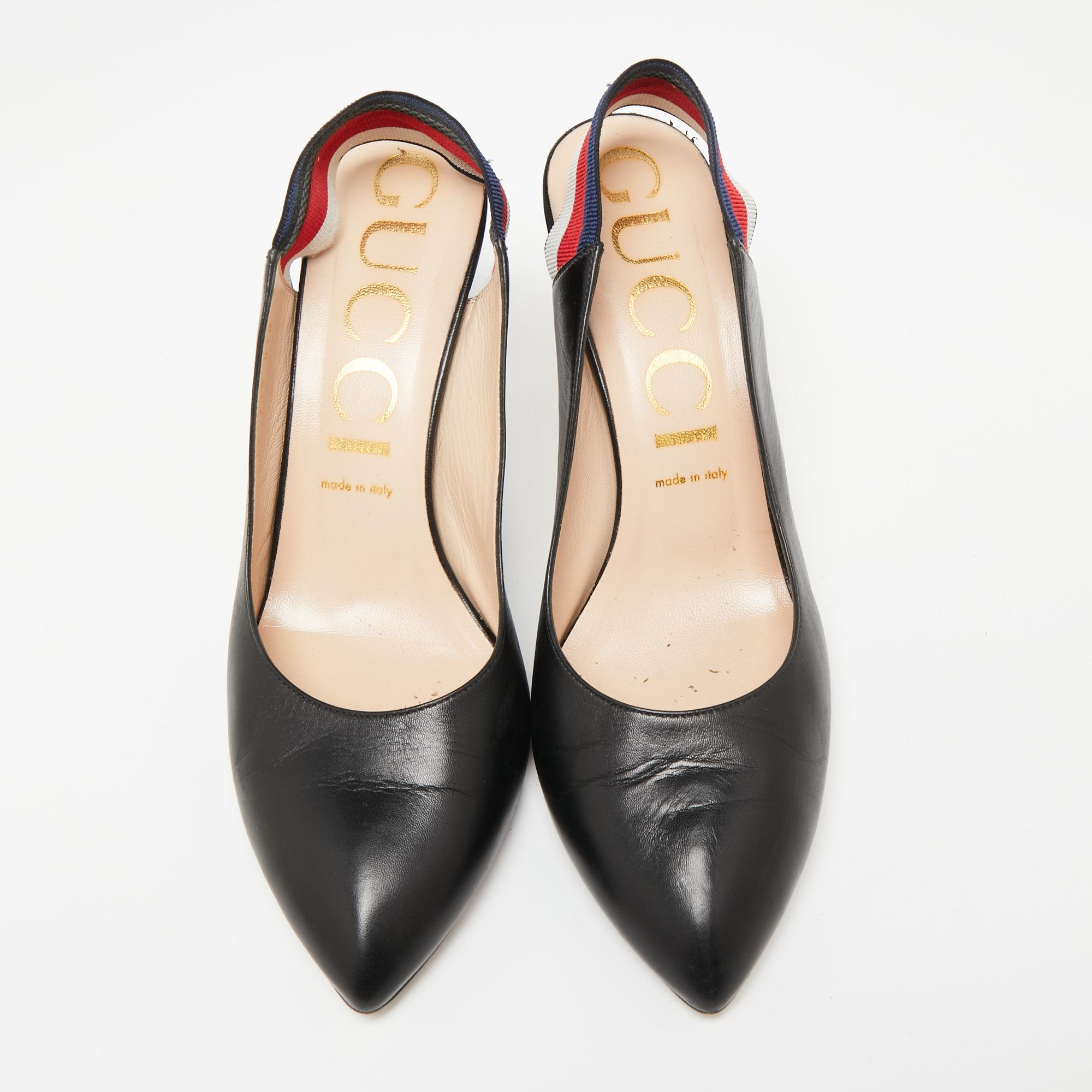 Amp up any outfit with these Gucci Sylvie pumps. Crafted from leather in Italy, they feature the signature web strap as elastic slingbacks with pointed toes and sleek stiletto heels. The grand black shade adds to this pair in a fashionable