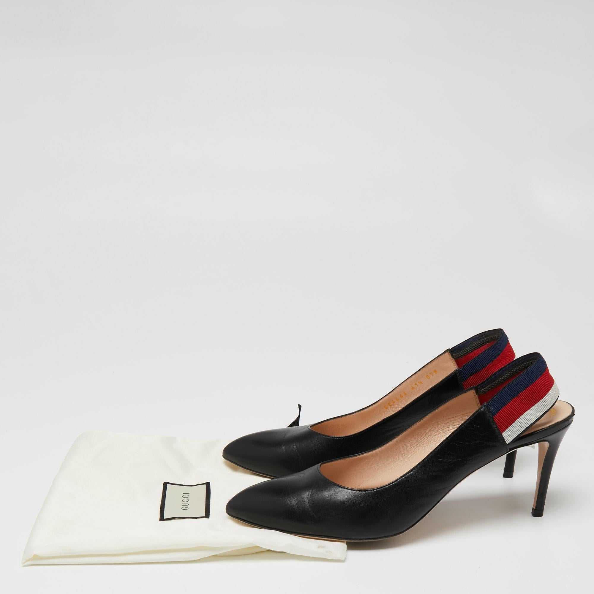 Gucci Black Leather Web Sylvie Slingback Pumps Size 41.5 In Good Condition In Dubai, Al Qouz 2
