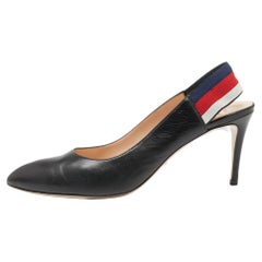 Gucci Black Leather Web Sylvie Slingback Pumps Size 41.5