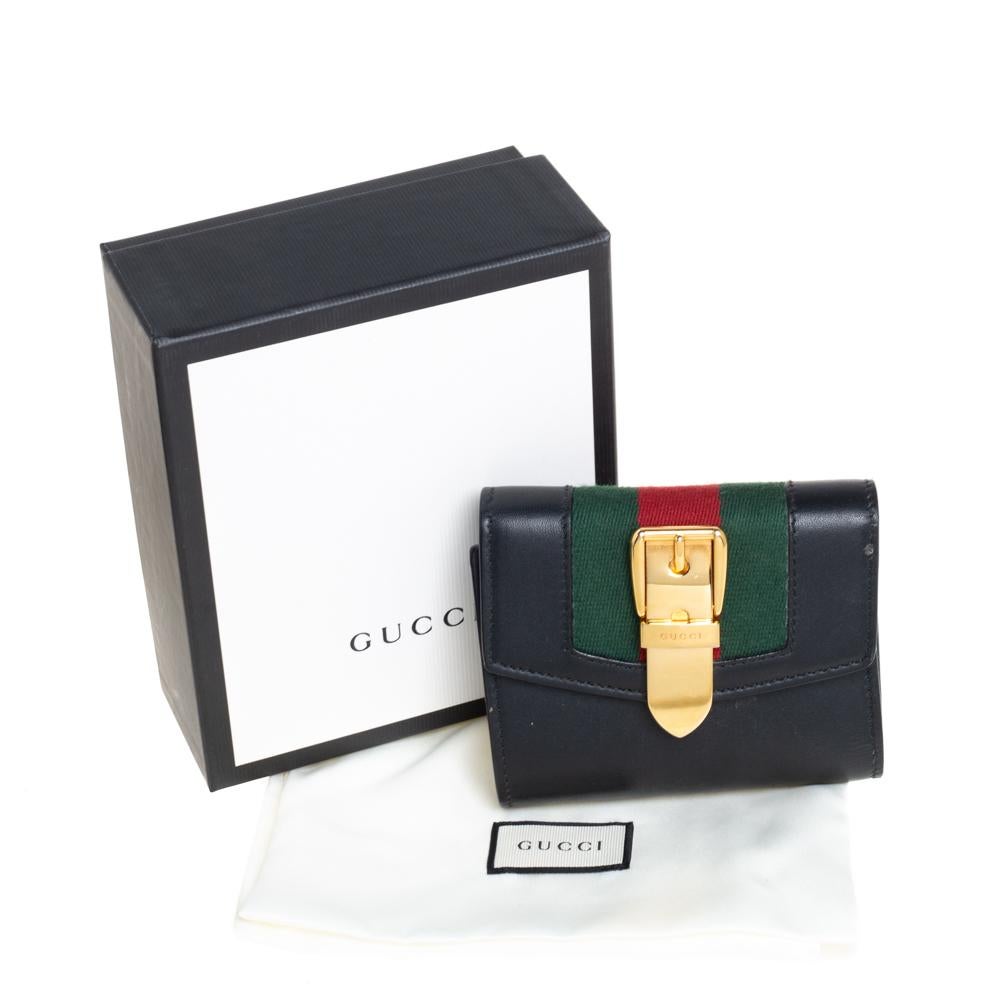 Gucci Black Leather Web Sylvie Trifold Wallet 5