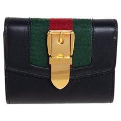Gucci Black Leather Web Sylvie Trifold Wallet
