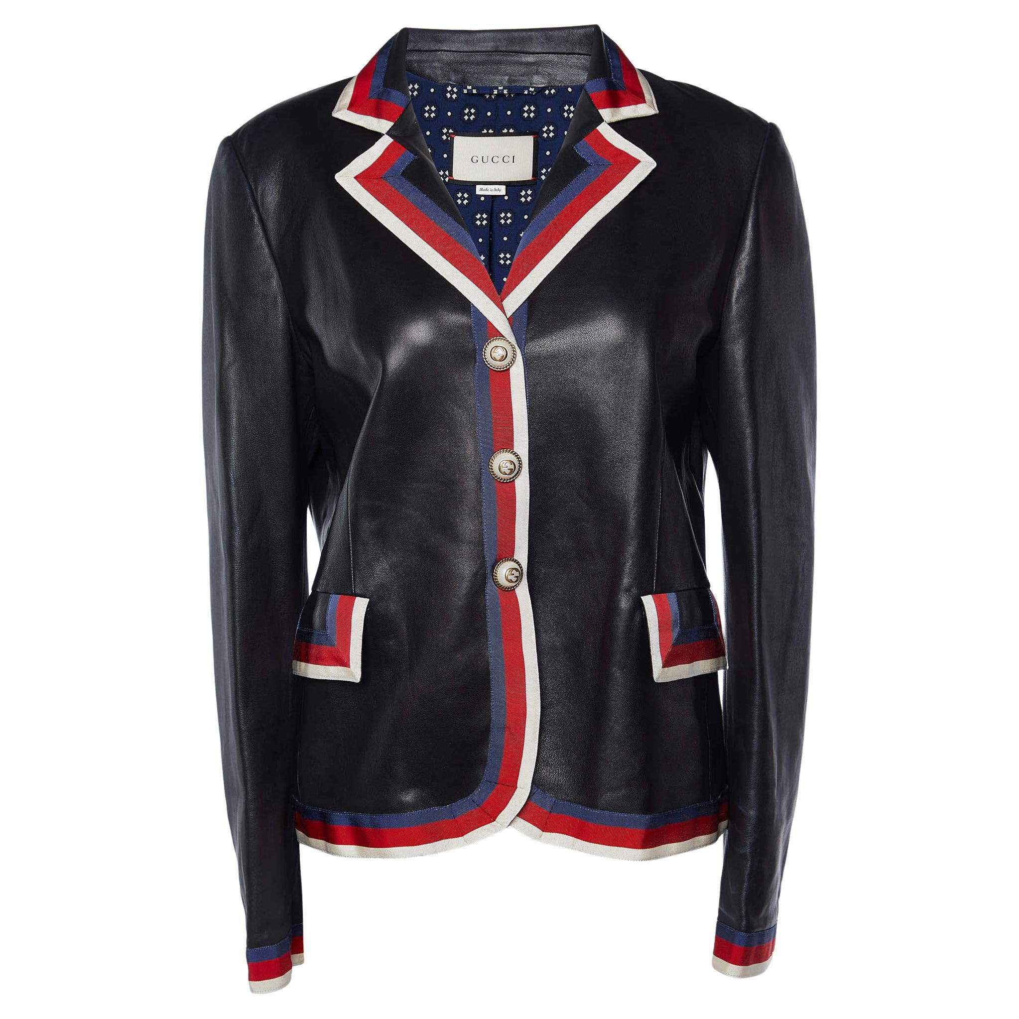 Gucci Black Leather Web Trim Appliqued Button Front Jacket L en vente