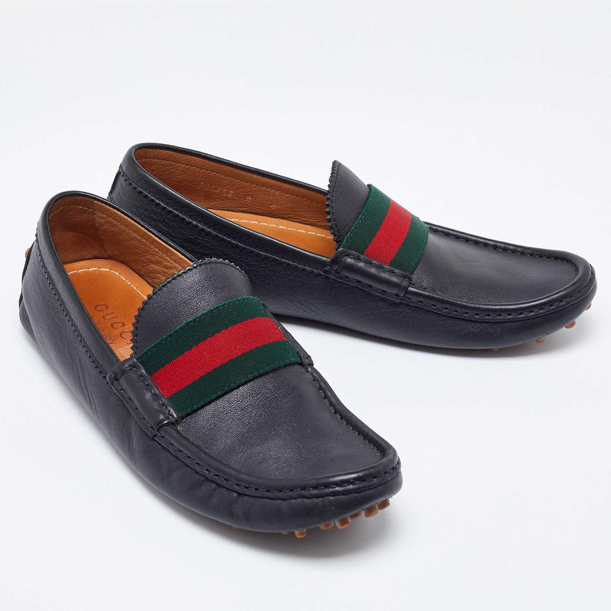 Men's Gucci Black Leather Web Trim Slip On Loafers Size 40