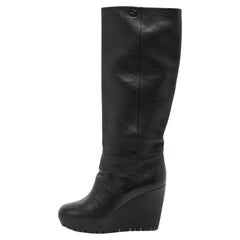 Gucci Black Leather Wedge Knee Length Boots Size 37