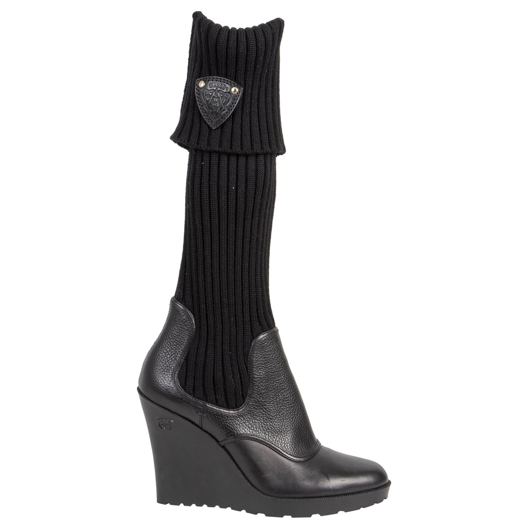 Gucci Black Leather Wedge Sock Boots - size 41  For Sale