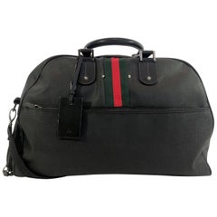 Vintage Gucci Black Leather Weekender Suitcase with Classic Green and Red Stripe 