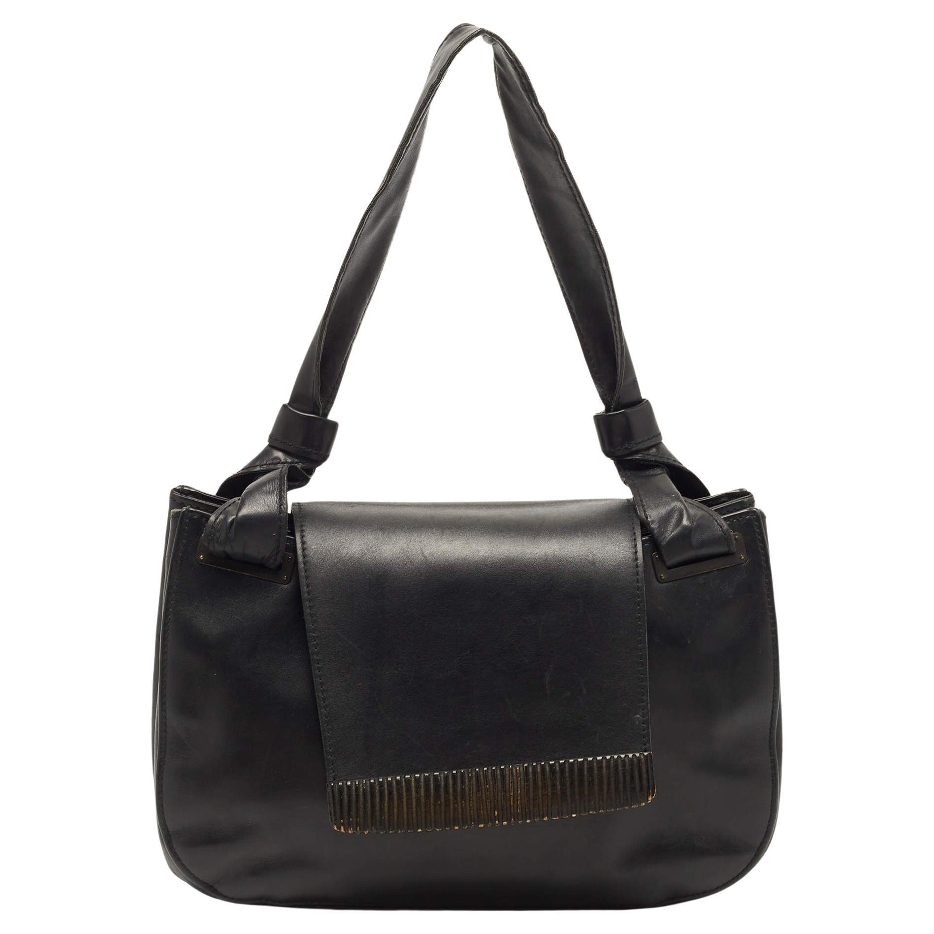 Gucci Black Leather Wood Flap Shoulder Bag