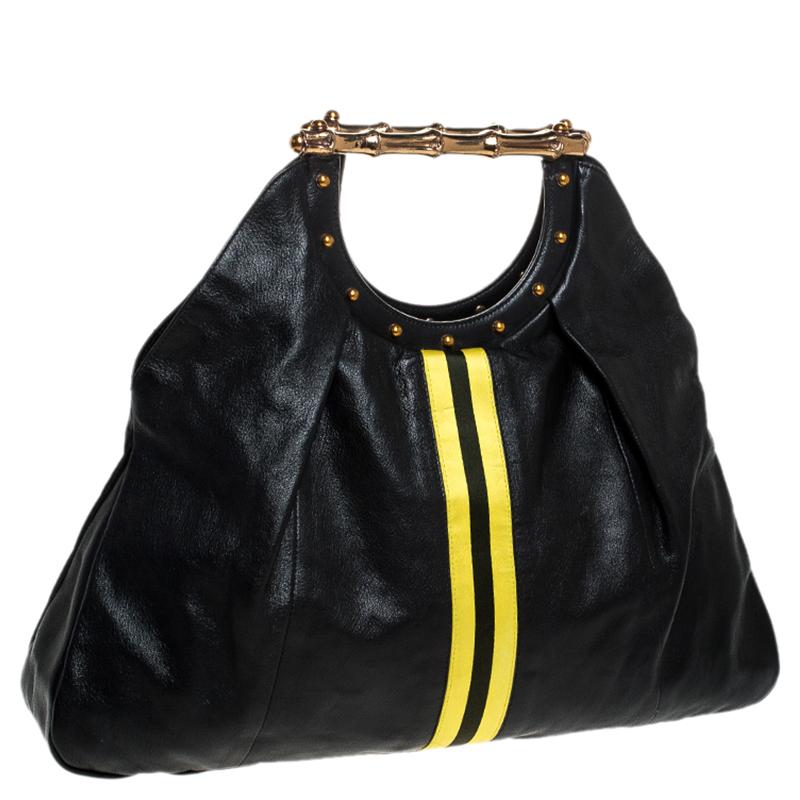 Women's Gucci Black Leather Yellow Striped Metal Bamboo Tote