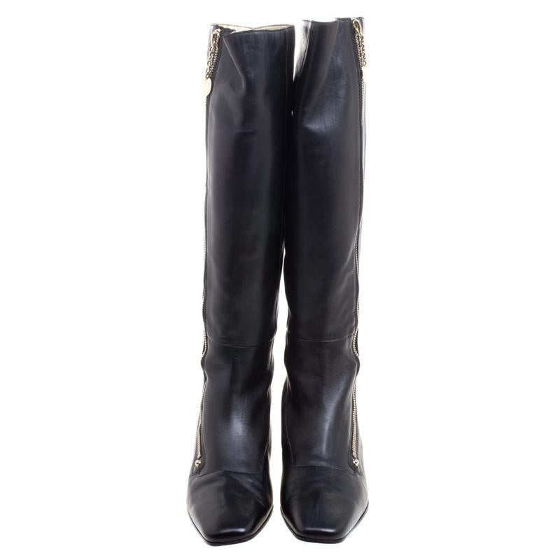 Gucci Black Leather Zip Up Knee Length Boots Size 40 In New Condition In Dubai, Al Qouz 2