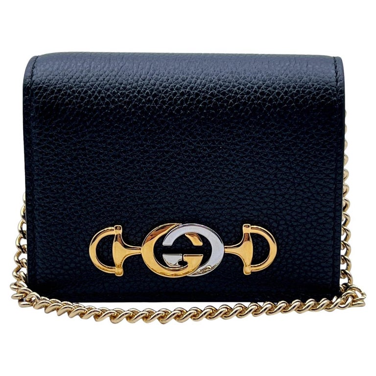 Gucci Black Leather Zumi Credit Card Case Mini Wallet with Chain