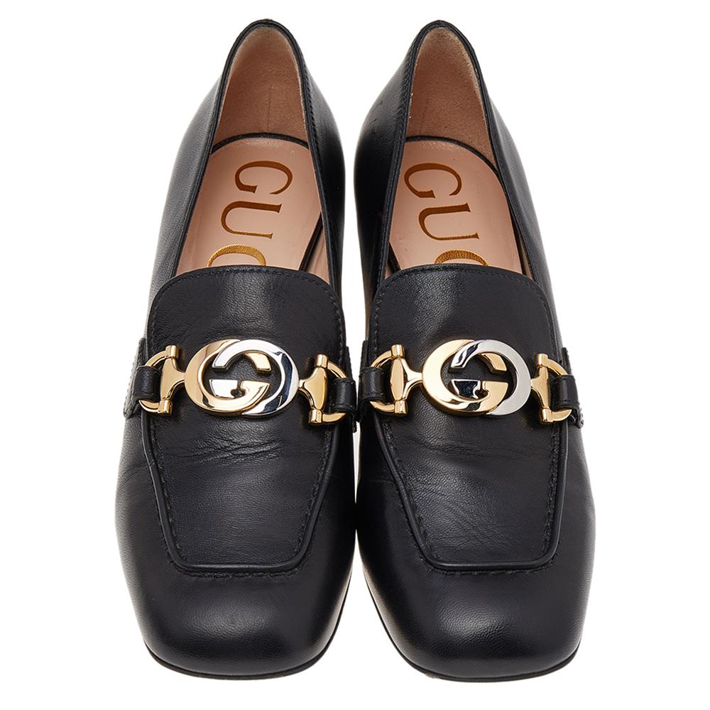 Gucci Black Leather Zumi GG Loafers Pumps Size 36.5 In Good Condition In Dubai, Al Qouz 2