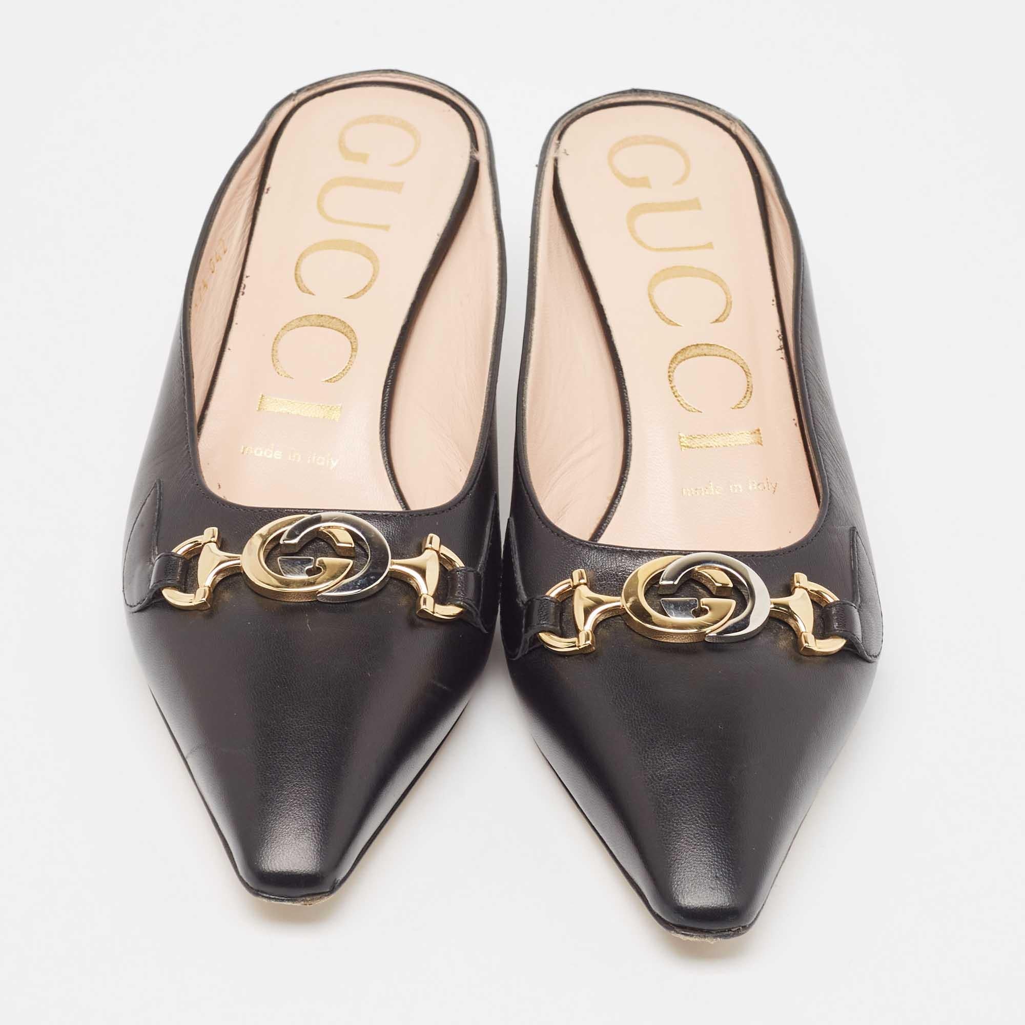 Gucci Black Leather Zumi Mules Size 37.5 In Good Condition In Dubai, Al Qouz 2