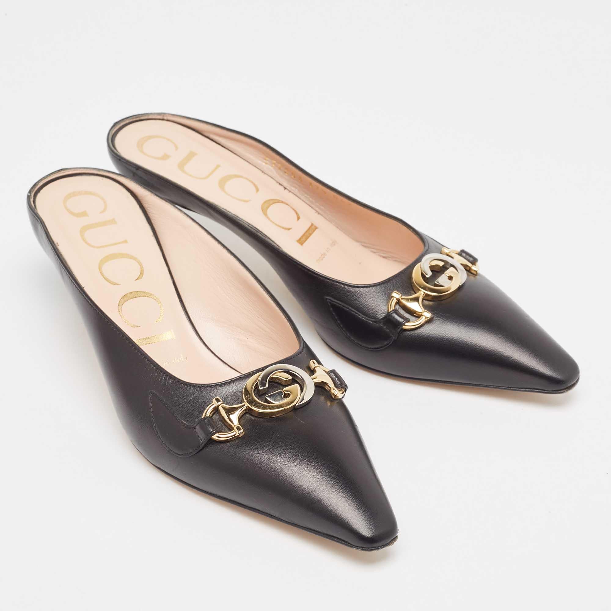 Women's Gucci Black Leather Zumi Mules Size 37.5