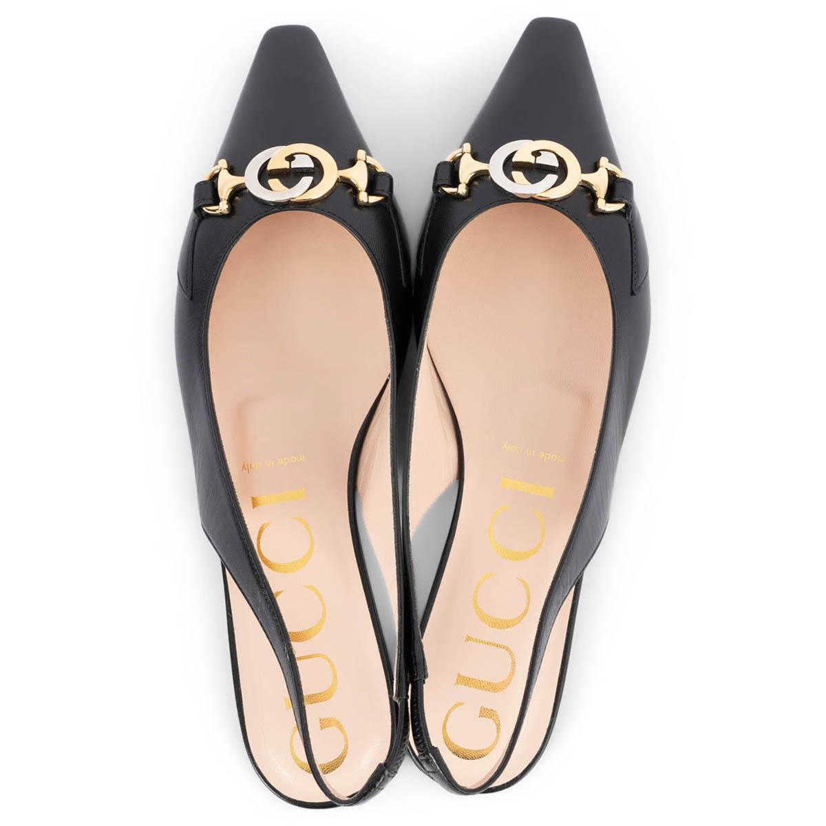  GUCCI cuir noir ZUMI POINTED TOE SLINGBACK Ballet Flats Shoes 39 Pour femmes 