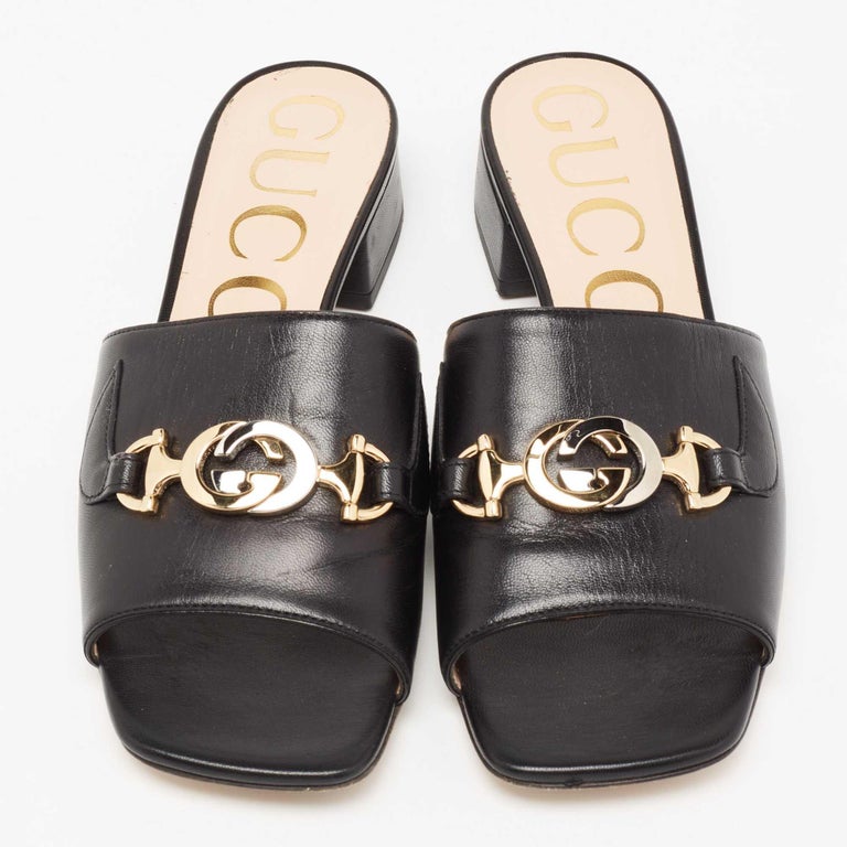 Gucci Black Leather Zumi Slide Sandals Size 36.5 For Sale at 1stDibs
