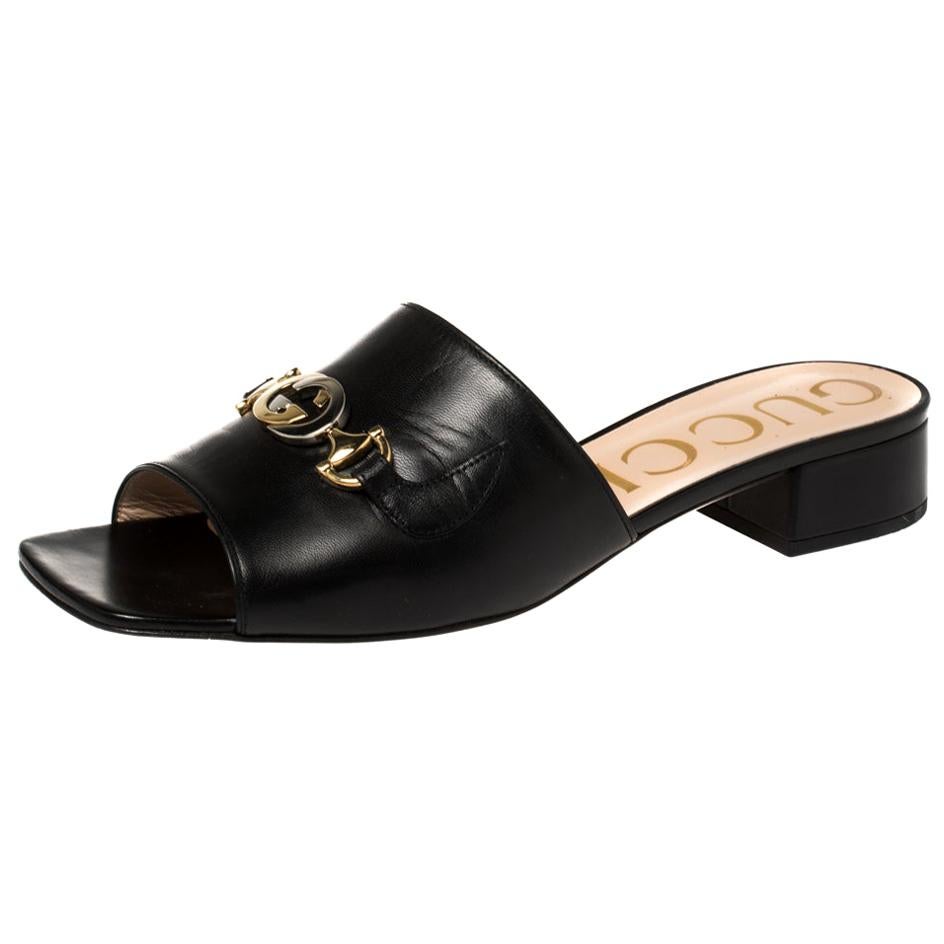 Gucci Black Leather Zumi Slide Sandals Size 40.5