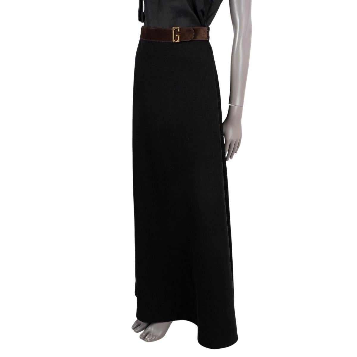 100% authentic Gucci flared maxi skirt in black linend (100%). The design features a a brown suede leather waistband with gold-tone metal G buckle. Unlined. Opens with a zipper on the side. Brand new with tags. 

2017 Fall/Winter

Measurements
Tag