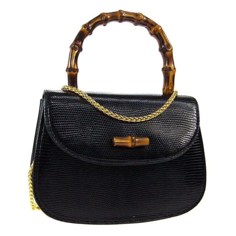 Gucci Black Lizard Exotic Bamboo Mini Kelly Top Handle Evening Shoulder Bag For Sale at 1stdibs
