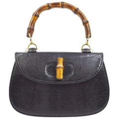 Gucci Black Lizard Exotic Bamboo Top Handle Satchel Kelly Style Shoulder Bag