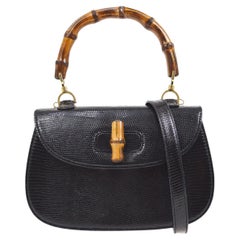 GUCCI Black Lizard Exotic Leather Bamboo Top Handle Kelly Shoulder Tote Bag