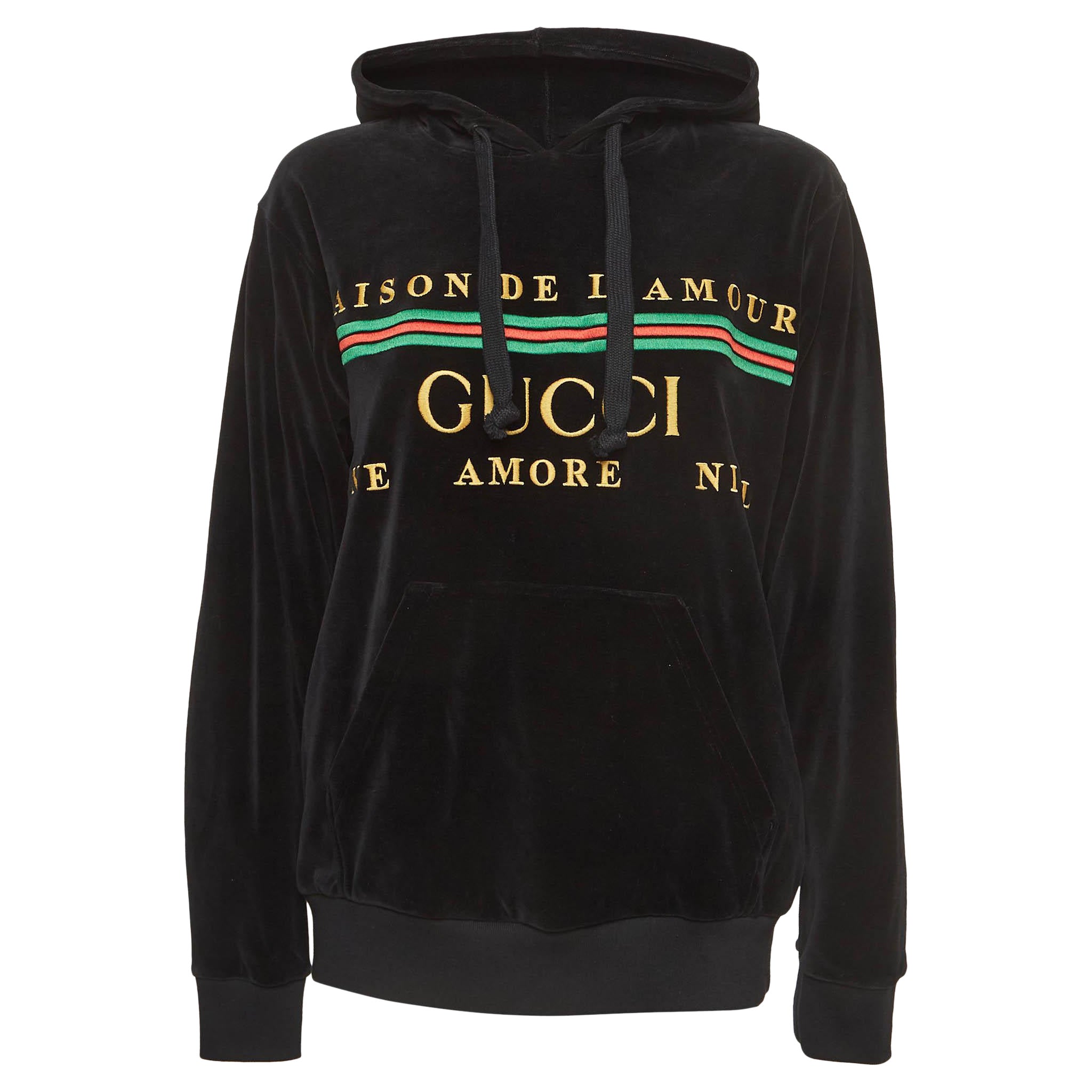 Gucci Black Logo Embroidered Velvet Hoodie XS