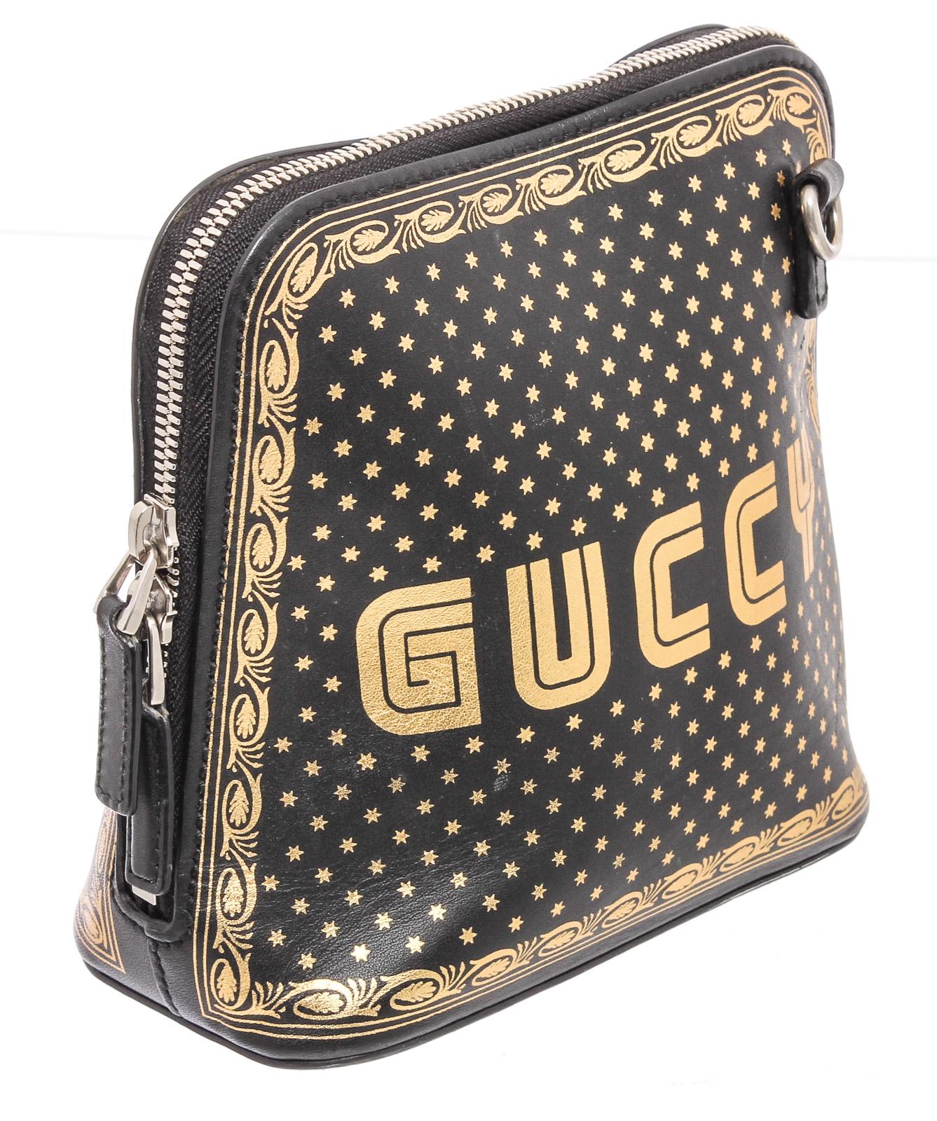 Gucci Black Logo Moon & Stars Leather Crossbody Bag In Good Condition In Irvine, CA