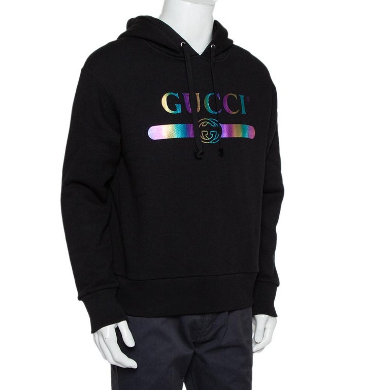 Gucci Black Logo Print Cotton Hooded Sweatshirt XS For Sale at 1stDibs | gucci  sweater, gucci rainbow logo hoodie, gucci hoodie rainbow logo