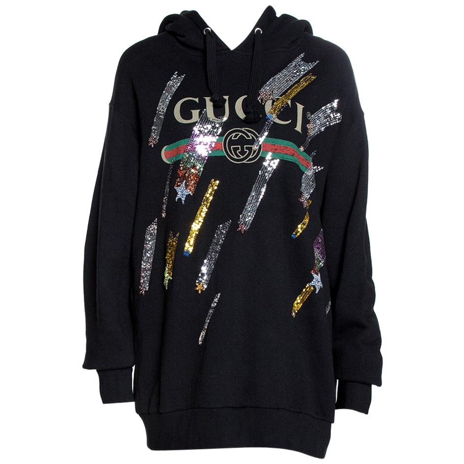 Gucci Black Logo Print Cotton Star Sequin Embellished Sweatshirt M