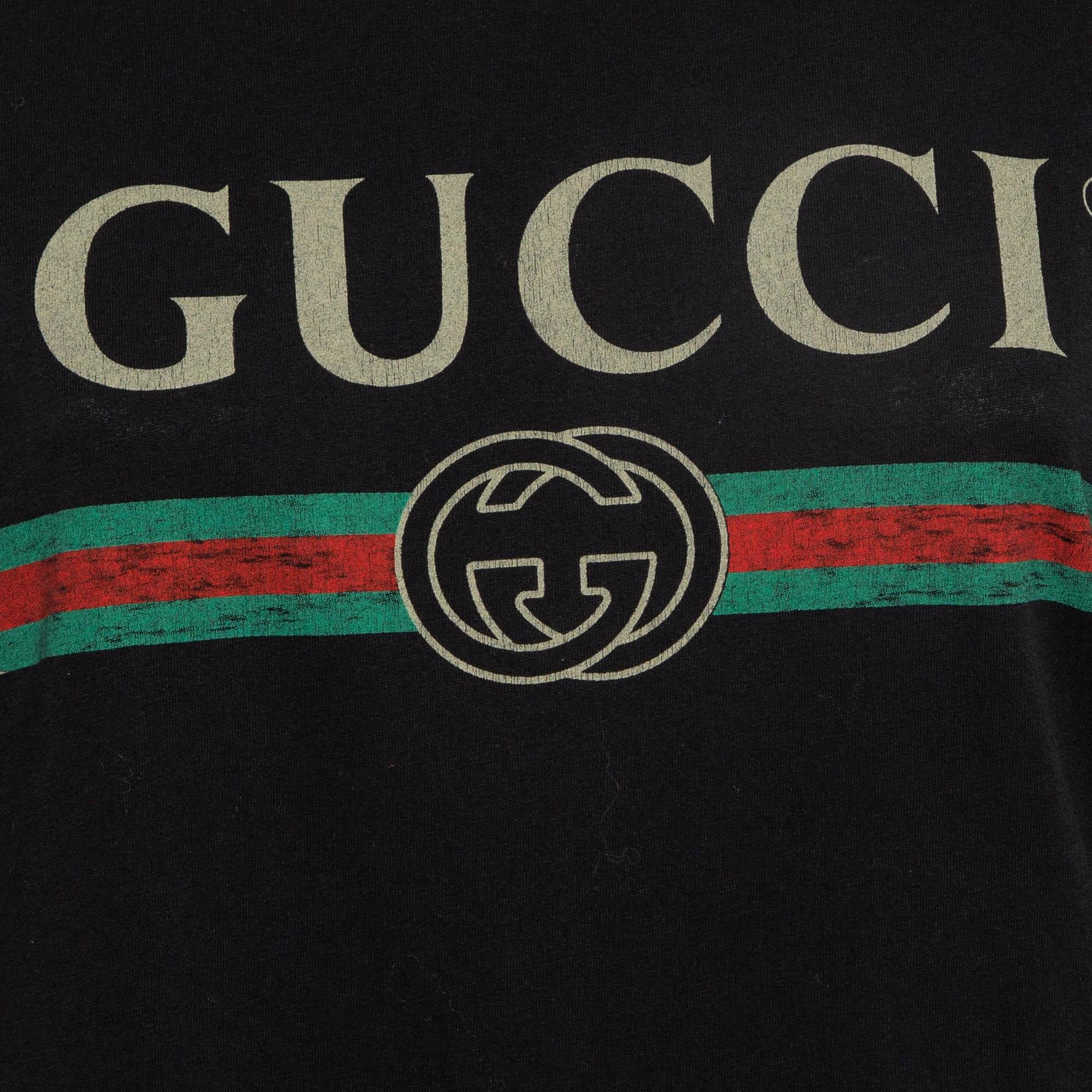 Nero Gucci Maglietta in cotone invecchiato con stampa del logo nero M. T. I. in vendita