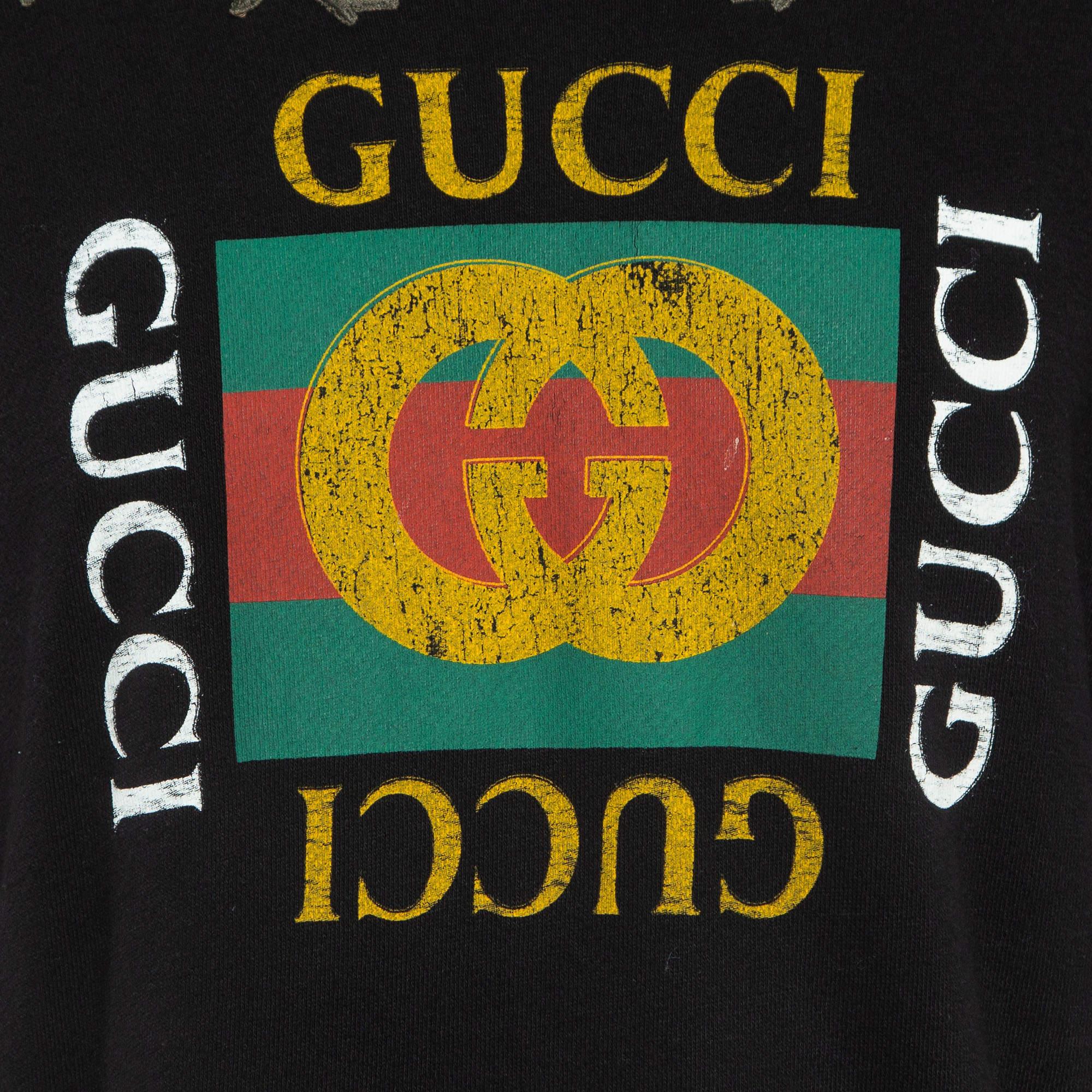 Gucci Black Logo Print Embroidered Cotton Knit Sweatshirt M For Sale 1