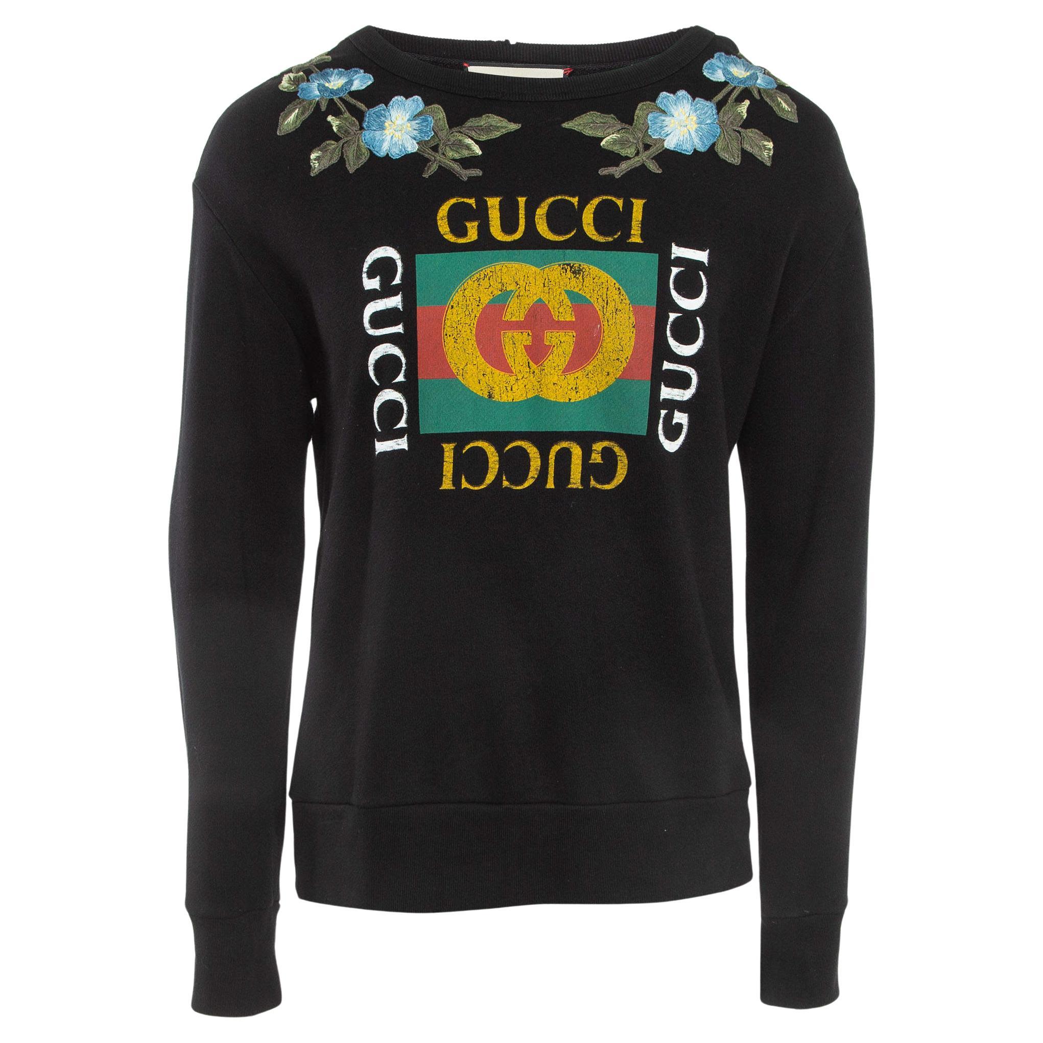 Gucci Black Logo Print Embroidered Cotton Knit Sweatshirt M For Sale