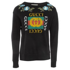 Gucci Schwarzes Logo Print Gesticktes Baumwoll-Strick-Sweatshirt M