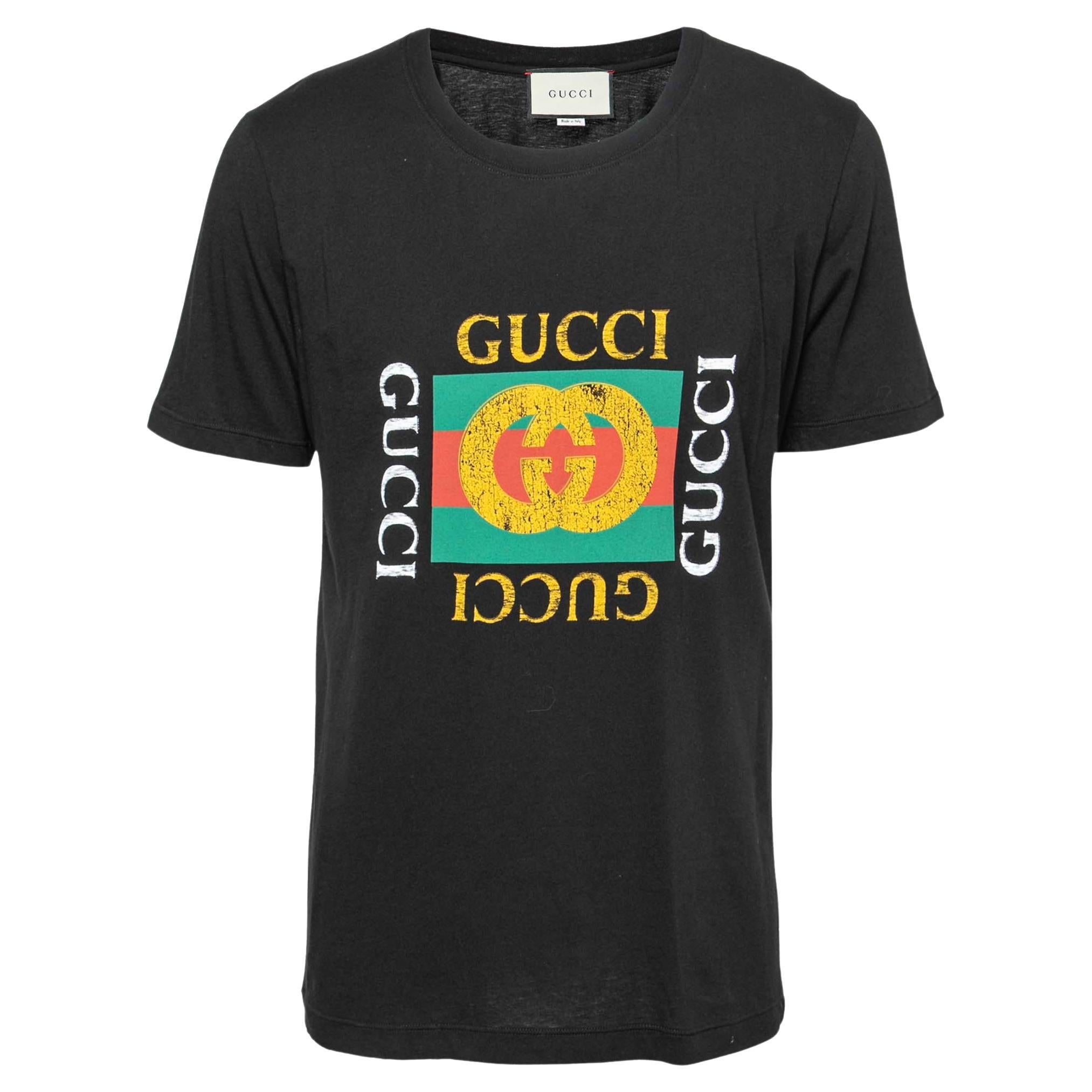 Gucci Black Logo Printed Cotton Crew Neck T-Shirt L